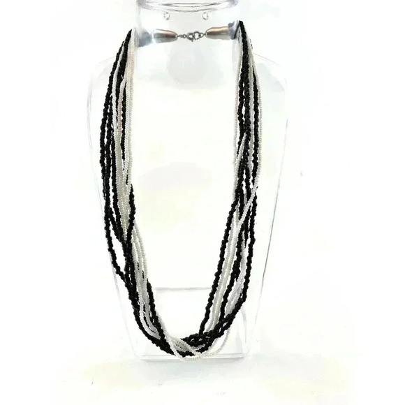 Cluster Layered Black and White Tiny Seed Bead Multi Strand Necklace 17" Long - Picture 11 of 11